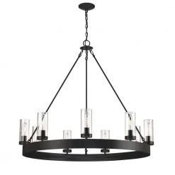Deals 🥰 Oakley 9-Light Wagon Wheel in Matte Black Chandelier with Glass Shades by Yosemite Home Decor 😍