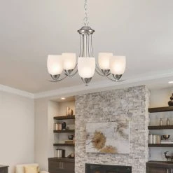 Best deal 🛒 Mirror Lake 5-Light Brushed Nickel Hanging Chandelier with White Etched Glass Shade by Yosemite Home Decor 🧨 -NICOR Sales Store brushed nickel yosemite home decor chandeliers 1261 5u bn 31 1000