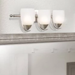 Flash Sale 😉 Mirror Lake 3-Light Brushed Nickel Bathroom Vanity Light with White Etched Glass Shade by Yosemite Home Decor 🎁 -NICOR Sales Store brushed nickel yosemite home decor vanity lighting 1261 3v bn 31 1000