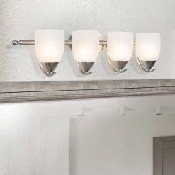 Deals 🎁 Mirror Lake 4-Light Brushed Nickel Bathroom Vanity Light with White Etched Glass Shade by Yosemite Home Decor 👏 -NICOR Sales Store brushed nickel yosemite home decor vanity lighting 1261 4v bn 31 1000