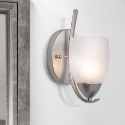 Budget 👍 Mirror Lake 1-Light Brushed Nickel Sconce with White Etched Glass Shade by Yosemite Home Decor 🔔 -NICOR Sales Store brushed nickel yosemite home decor wall sconces 1261 1ws bn 31 1000