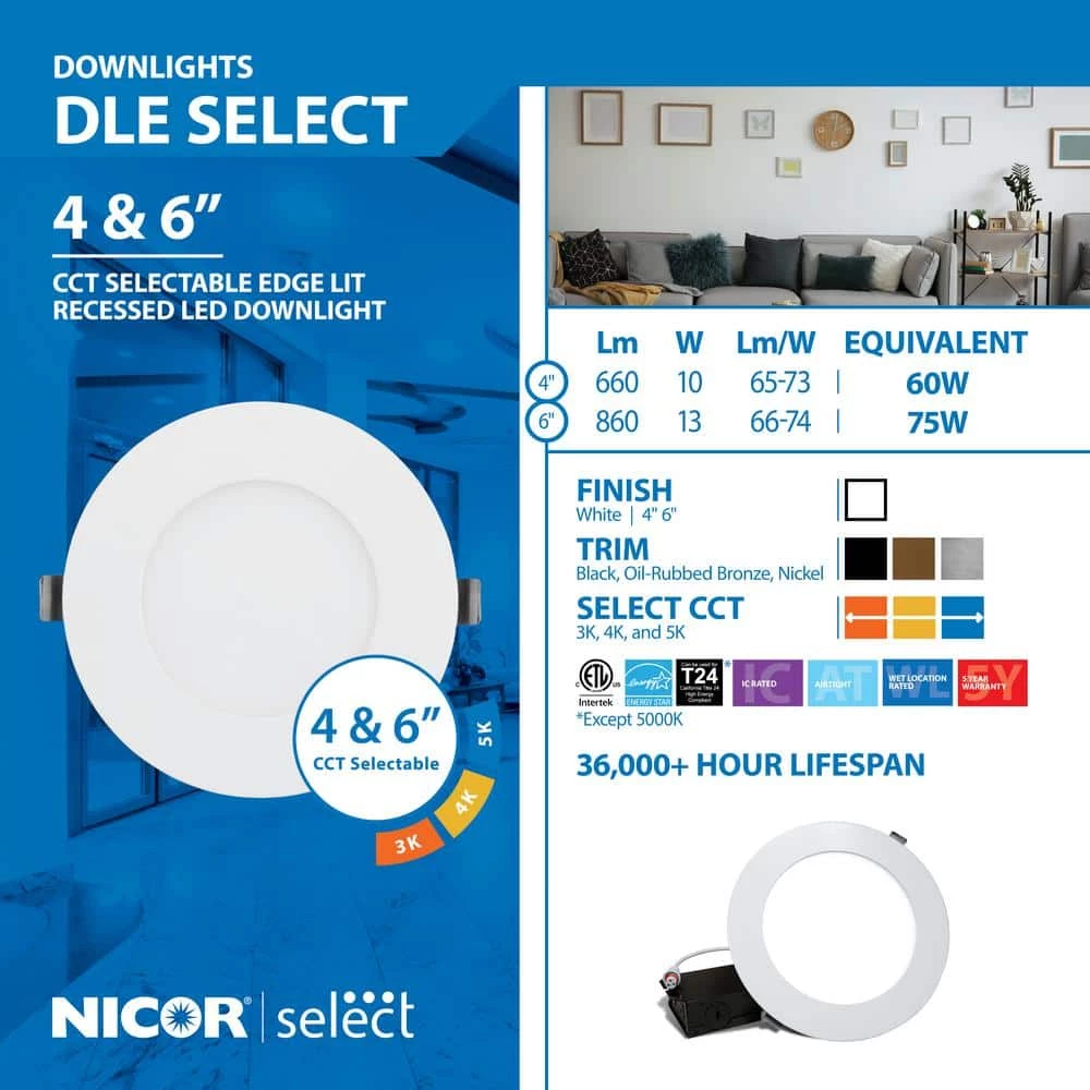 Flash Sale 🥰 DLE6 Round 6 in. Selectable IC-Rated Integrated LED Recessed Downlight Trim Kit by NICOR 🥰 12 Flash Sale 🥰 DLE6 Round 6 in. Selectable IC-Rated Integrated LED Recessed Downlight Trim Kit by NICOR 🥰 - Image 10