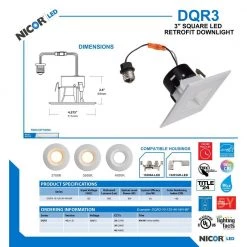 Hot Sale 👍 DLR Series 3 in. White (3000K) LED Square Recessed Retrofit Downlight Trim Kit, 90+ CRI by NICOR ⌛ -NICOR Sales Store nicor recessed lighting trims dqr3 10 120 3k wh bf d4 1000