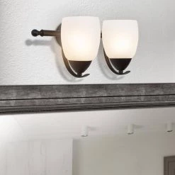 Best deal 🧨 Mirror Lake 2-Light Oil Rubbed Bronze Bathroom Vanity Light with White Etched Glass Shade by Yosemite Home Decor 😍 -NICOR Sales Store oil rubbed bronze yosemite home decor vanity lighting 1261 2v orb 31 1000